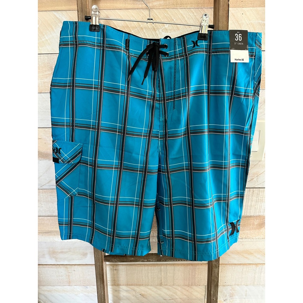 Hurley Mens Blue Plaid Board Shorts Swim Trunks Size 36 22 Inch Length NWT